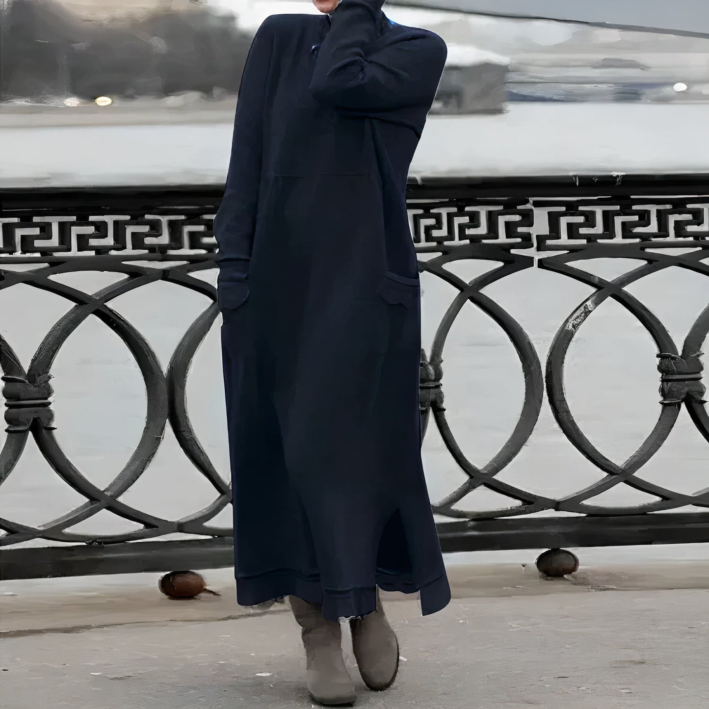 Rib Knit Mock Neck Long Sleeve Patch Pocket Maxi Sweatshirt Dress