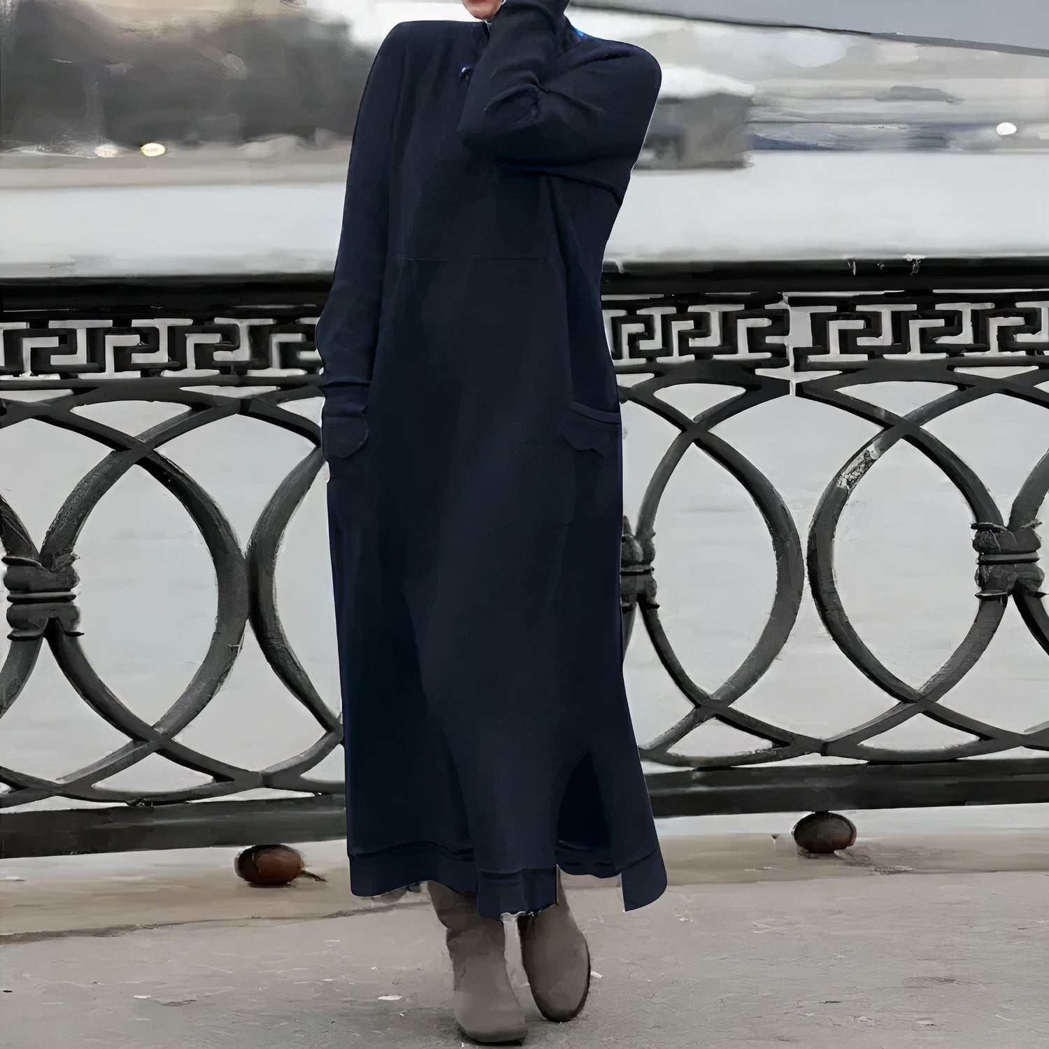 Rib Knit Mock Neck Long Sleeve Patch Pocket Maxi Sweatshirt Dress
