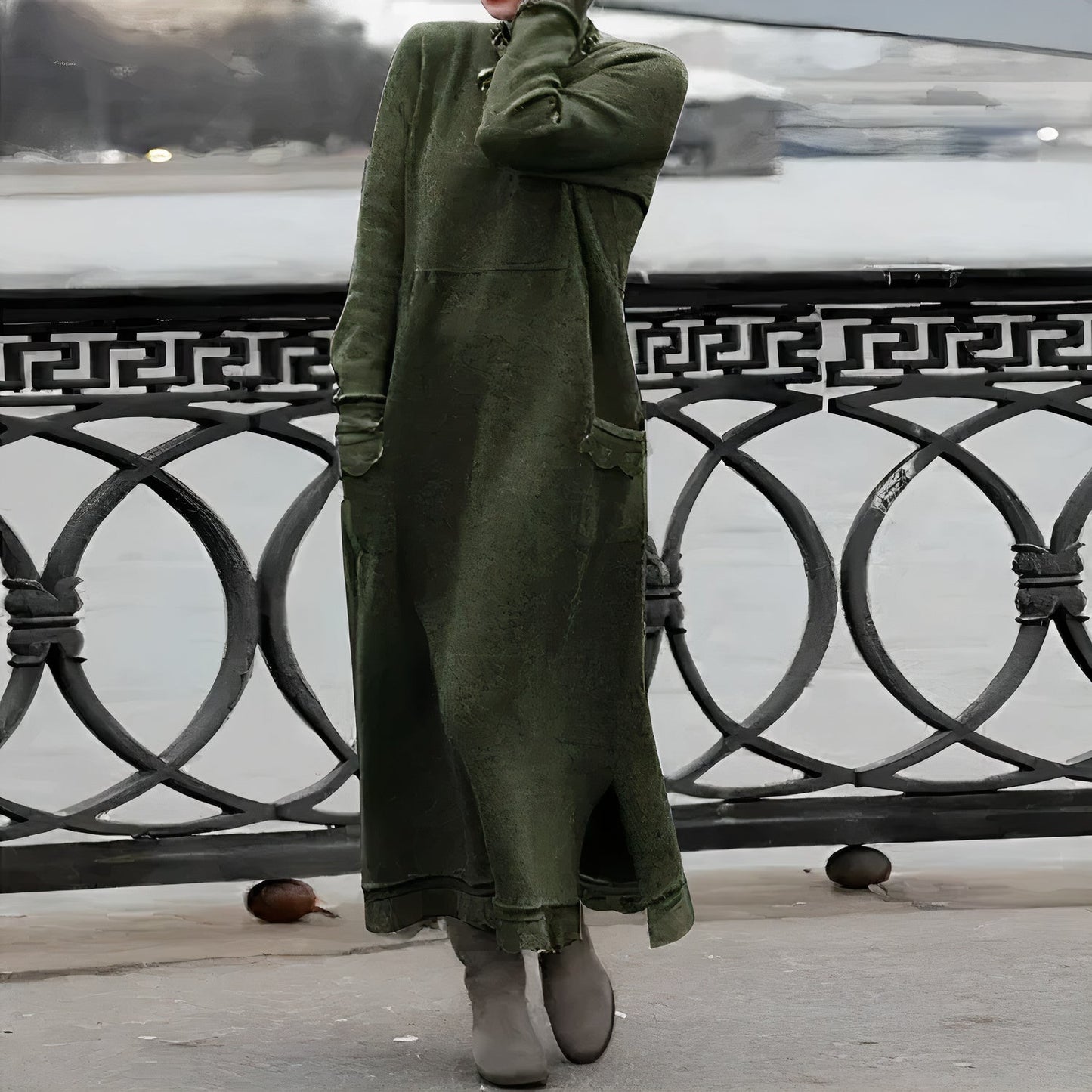 Rib Knit Mock Neck Long Sleeve Patch Pocket Maxi Sweatshirt Dress