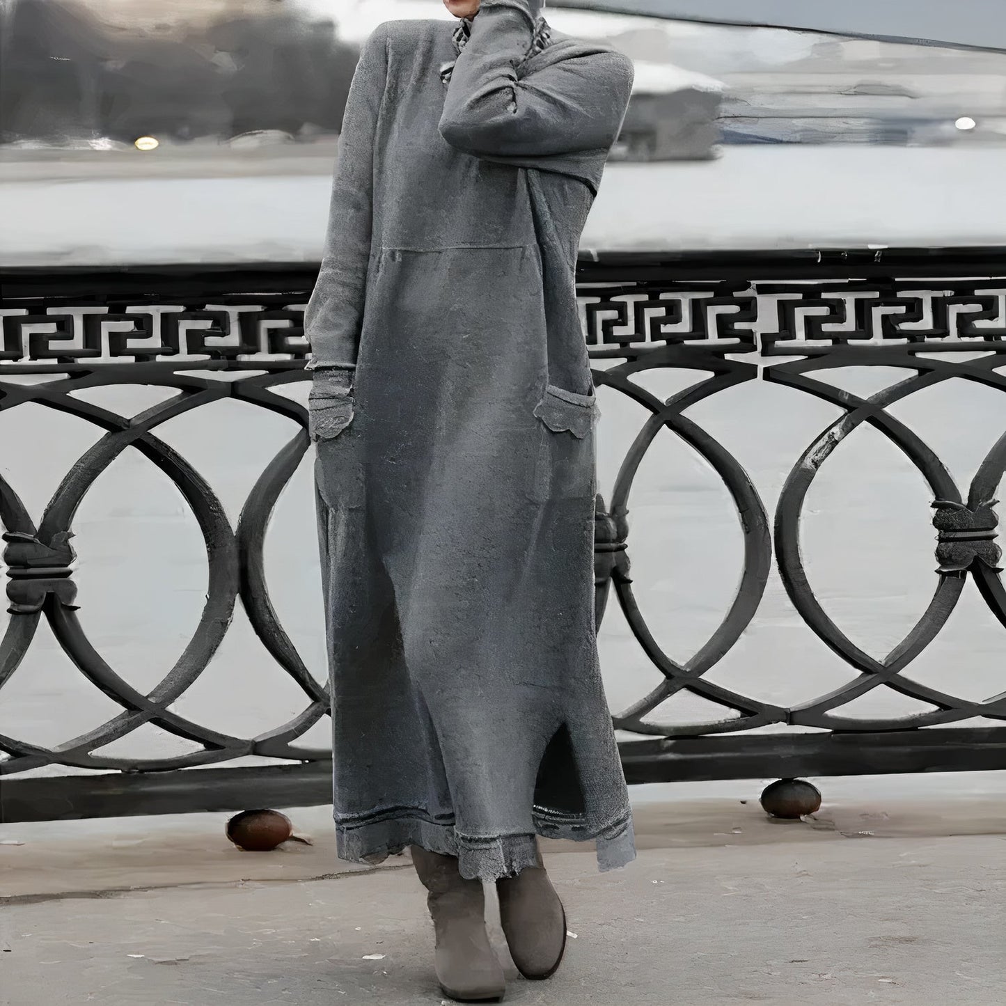 Rib Knit Mock Neck Long Sleeve Patch Pocket Maxi Sweatshirt Dress