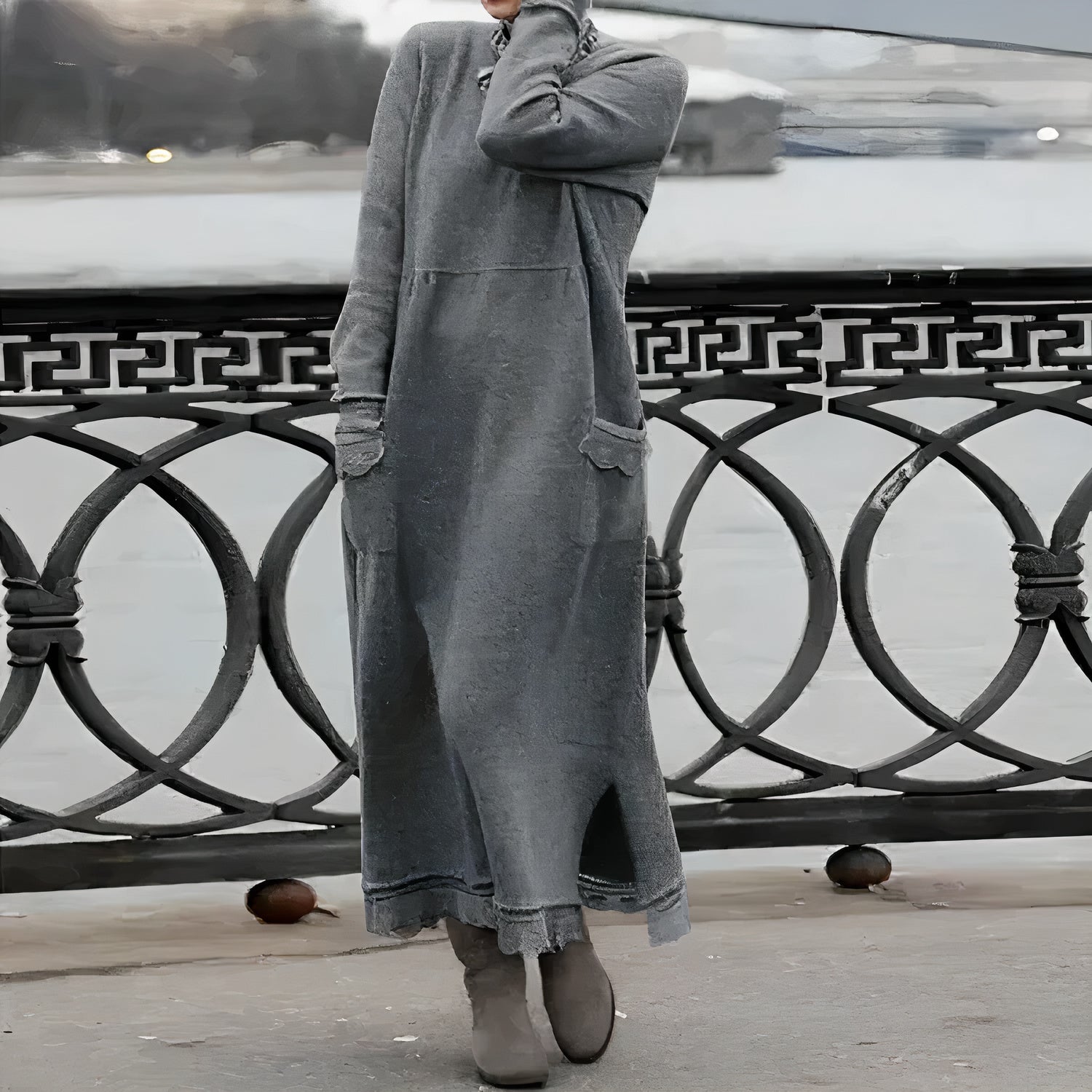 Rib Knit Mock Neck Long Sleeve Patch Pocket Maxi Sweatshirt Dress