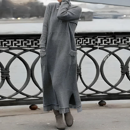 Rib Knit Mock Neck Long Sleeve Patch Pocket Maxi Sweatshirt Dress