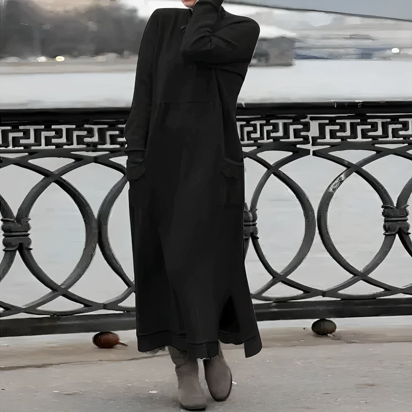 Rib Knit Mock Neck Long Sleeve Patch Pocket Maxi Sweatshirt Dress