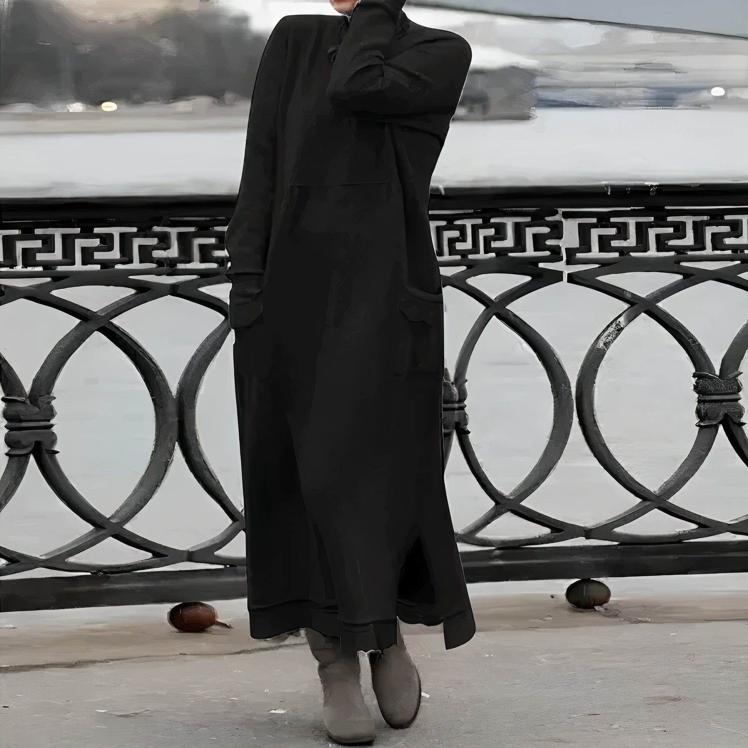 Rib Knit Mock Neck Long Sleeve Patch Pocket Maxi Sweatshirt Dress