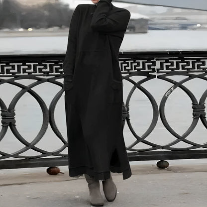 Rib Knit Mock Neck Long Sleeve Patch Pocket Maxi Sweatshirt Dress