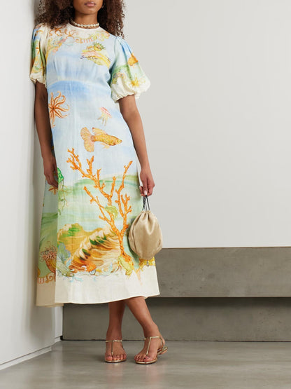 Puff Sleeve Round Neck Ocean Print Linen Look Gathered Midi Dress