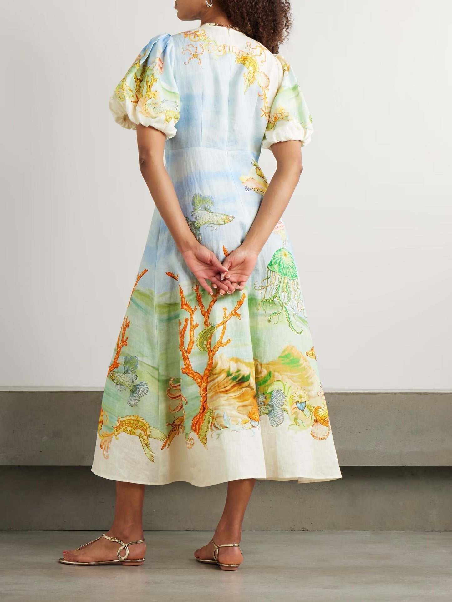 Puff Sleeve Round Neck Ocean Print Linen Look Gathered Midi Dress