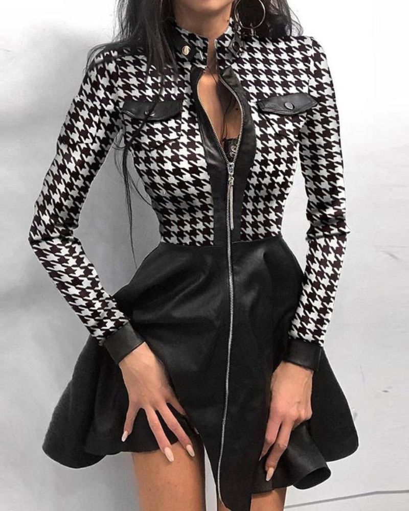 Faux Leather Trim Zip-Front Mandarin Collar Pocket Skater Mini Dress