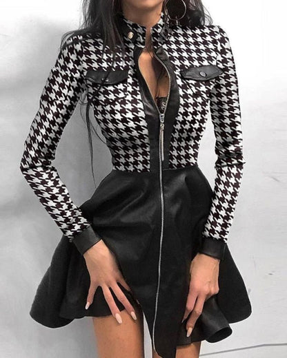Faux Leather Trim Zip-Front Mandarin Collar Pocket Skater Mini Dress