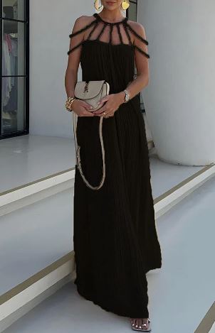 Pleated Cord Cage Neckline Cold Shoulder Maxi Dress