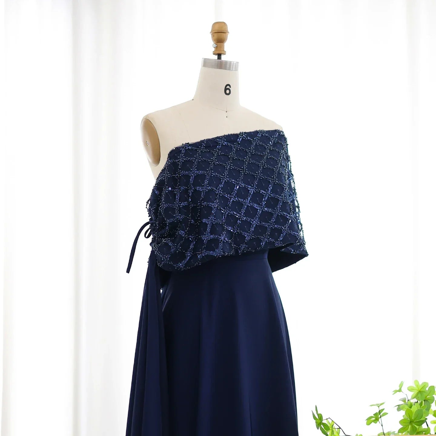 Navy Blue Off-Shoulder Evening Dress with Cape