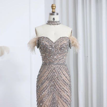 Beaded Feather Slit Mermaid Off-Shoulder Tulle Dress