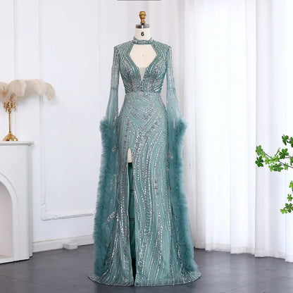 Halter Neck Mermaid Evening Dress with Cape Sleeves
