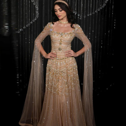 Blue Nude Evening Dress with Cape Sleeves