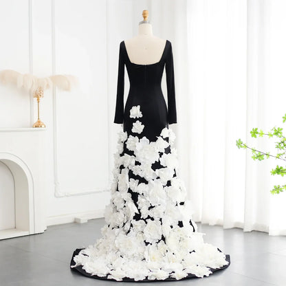 3D Flowers Black Velvet Strapless Evening Dress with Gloves