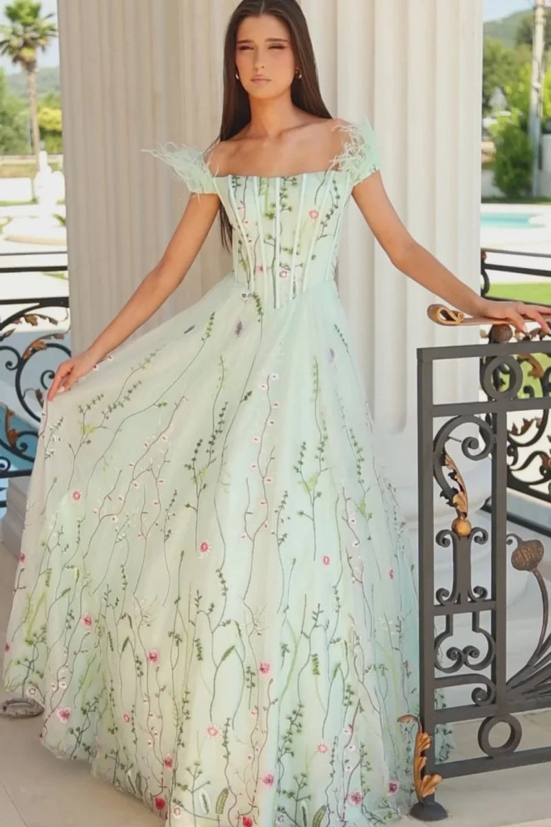 Floral Embroidered Tulle Prom Dresses with Feather