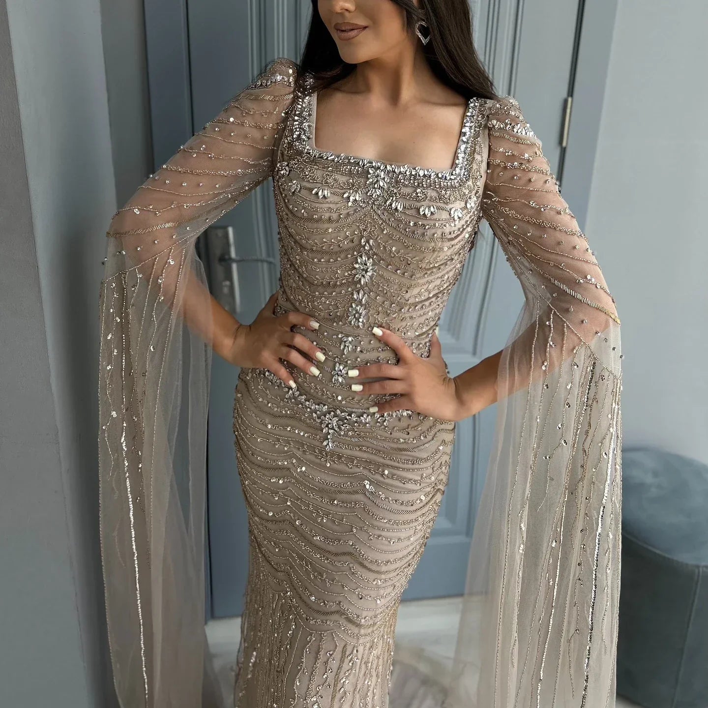Caramel Square Neck Mermaid Evening Dress Cape Sleeves