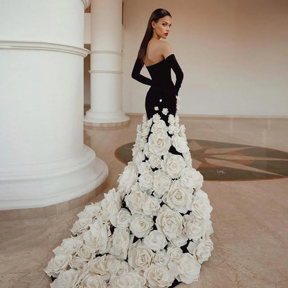 3D Flowers Black Velvet Strapless Evening Dress with Gloves