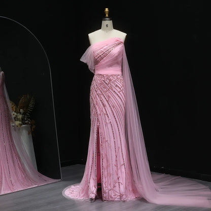 Off-Shoulder Flowing Cape Sleeves High Slit Prom Dress