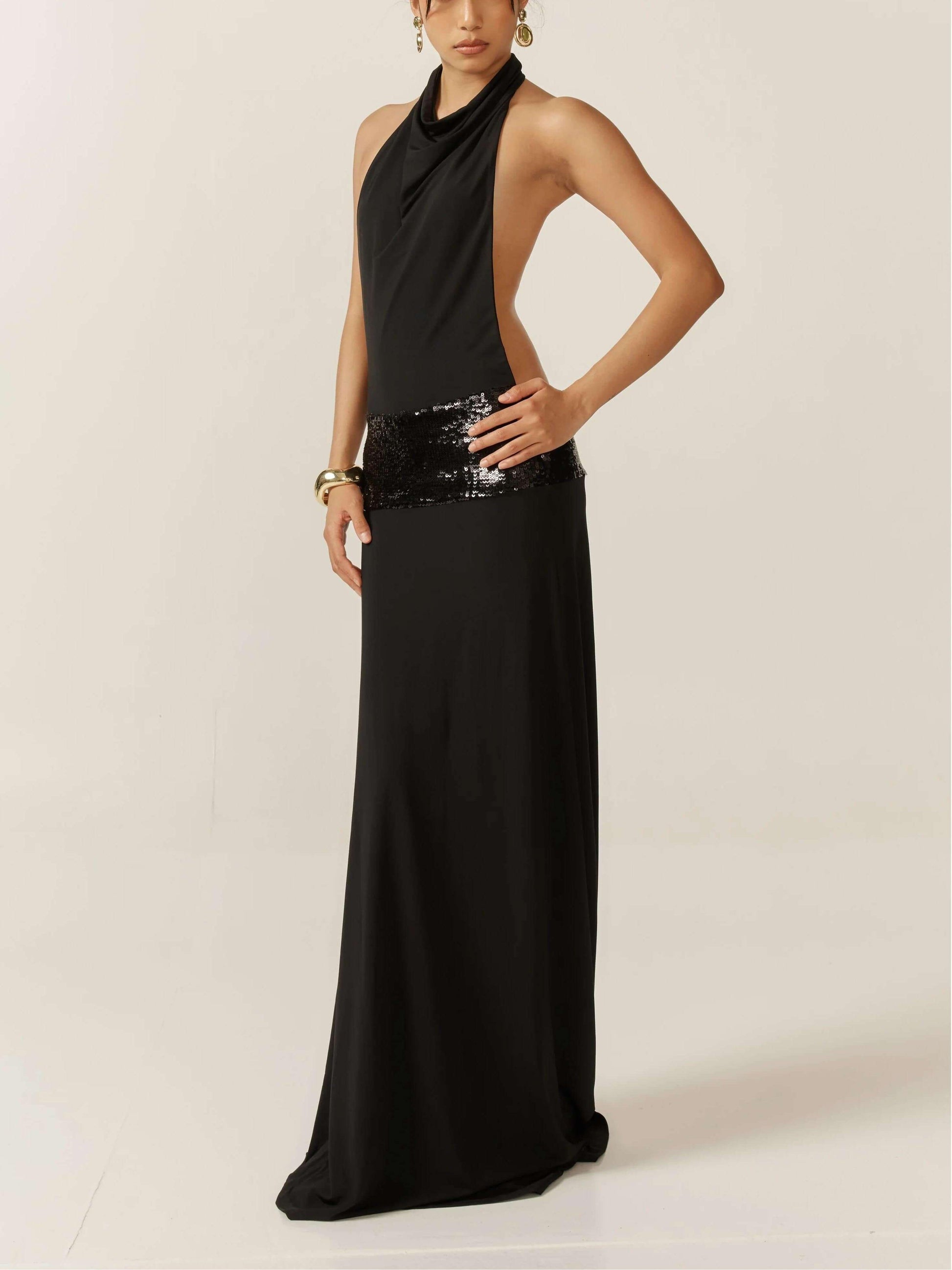 Cowl Neck Halter Sleeveless Drop Waist Sequin Band Maxi Gown