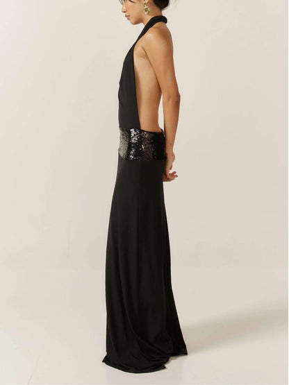Cowl Neck Halter Sleeveless Drop Waist Sequin Band Maxi Gown