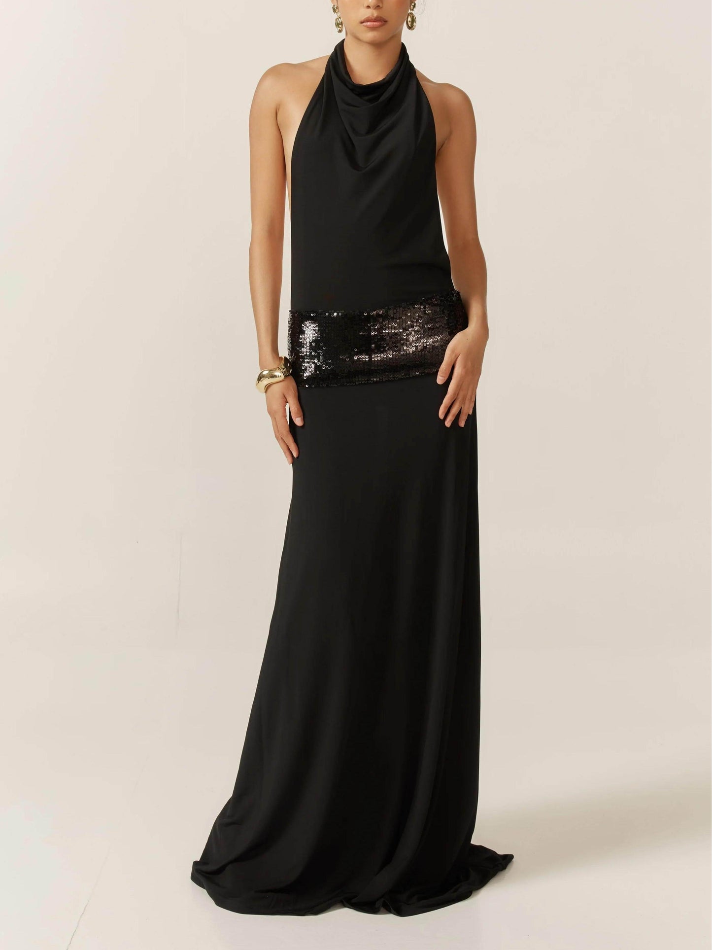 Cowl Neck Halter Sleeveless Drop Waist Sequin Band Maxi Gown