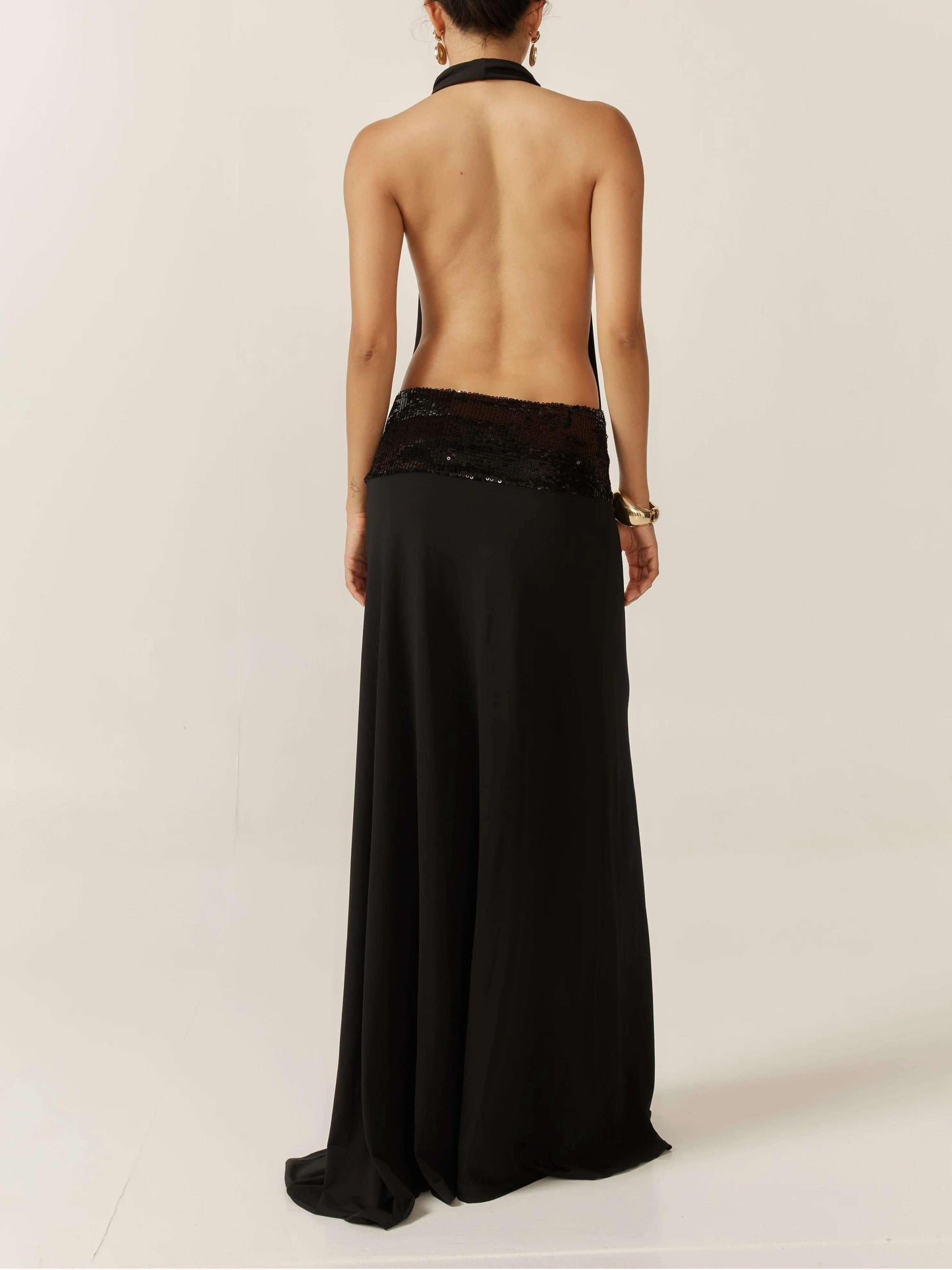 Cowl Neck Halter Sleeveless Drop Waist Sequin Band Maxi Gown