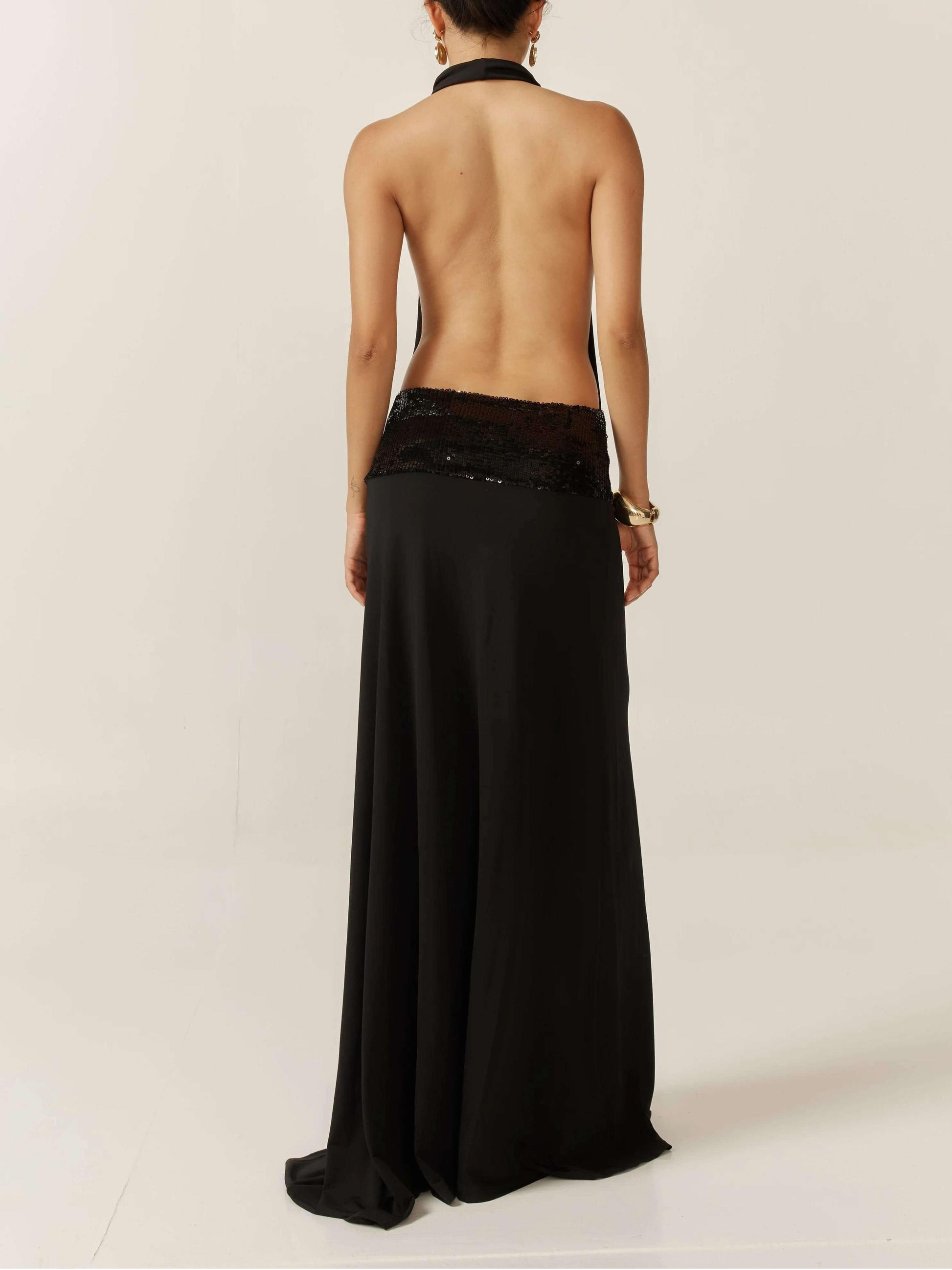 Cowl Neck Halter Sleeveless Drop Waist Sequin Band Maxi Gown