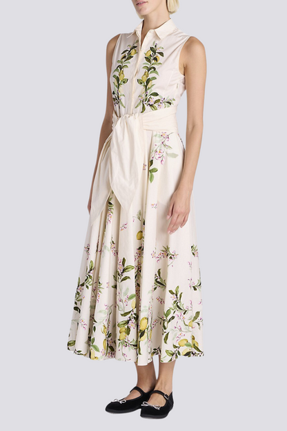 Lemon Floral Print Collared Button Front Tie Waist Midi Shirt Dress