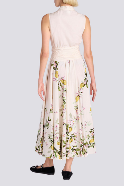 Lemon Floral Print Sleeveless Collared Tie Waist A-Line Midi Dress
