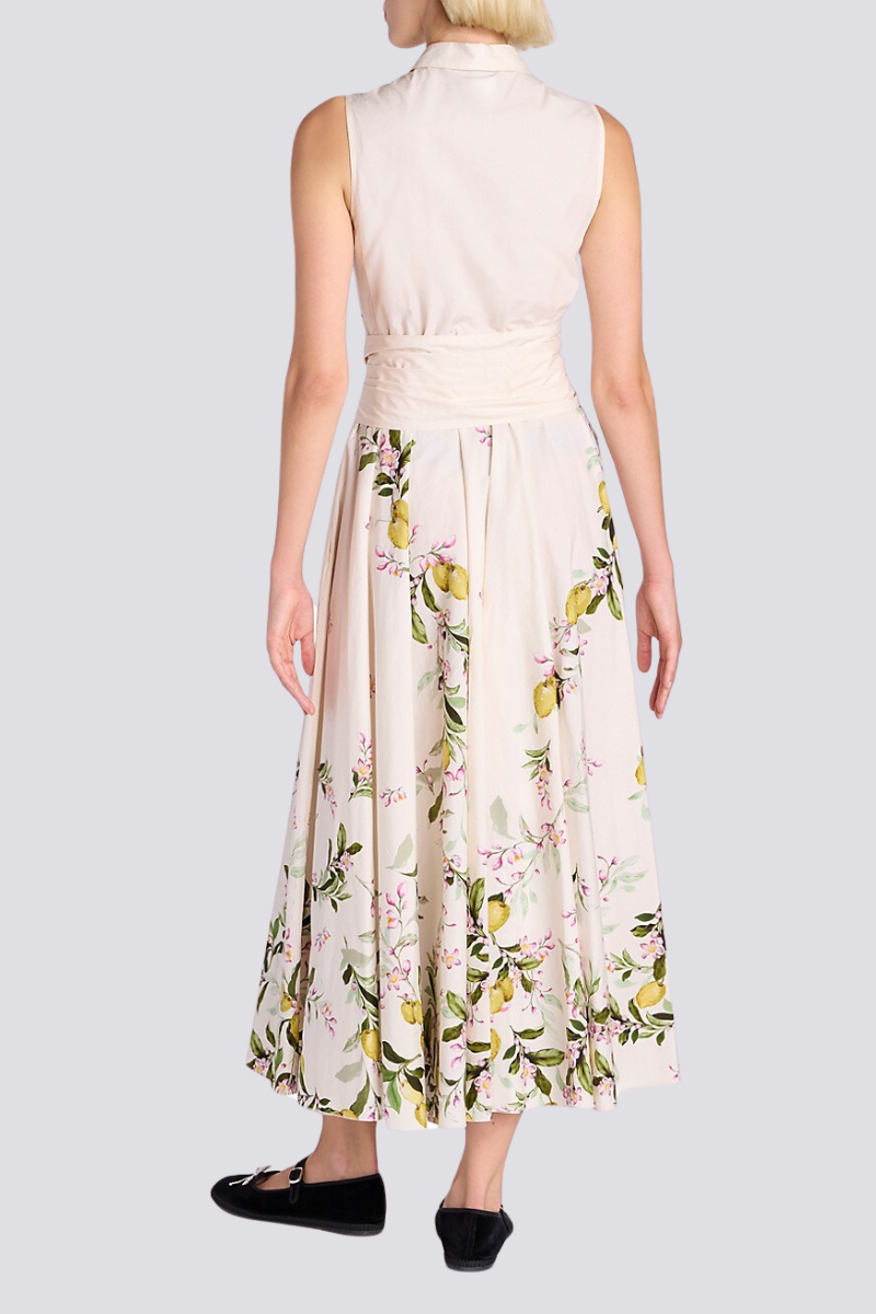 Lemon Floral Print Collared Button Front Tie Waist Midi Shirt Dress