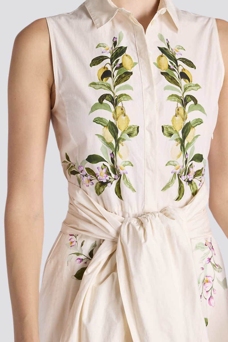 Lemon Floral Print Collared Button Front Tie Waist Midi Shirt Dress