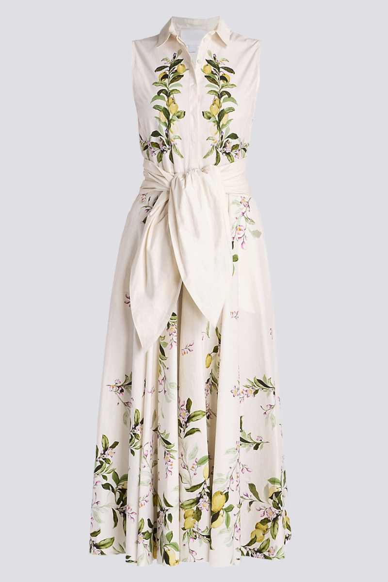 Lemon Floral Print Collared Button Front Tie Waist Midi Shirt Dress