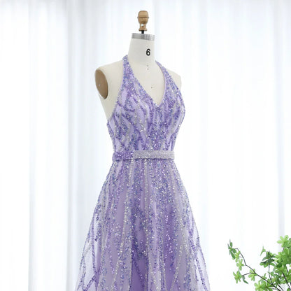 Beaded Halter A-Line Tulle Evening Dresses