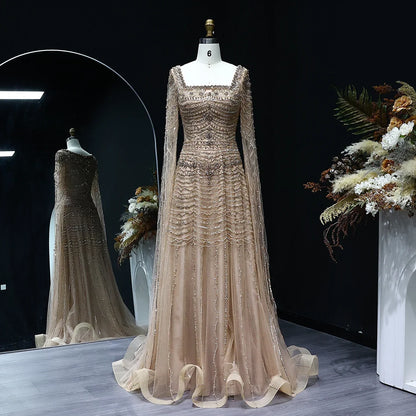 Blue Nude Evening Dress with Cape Sleeves