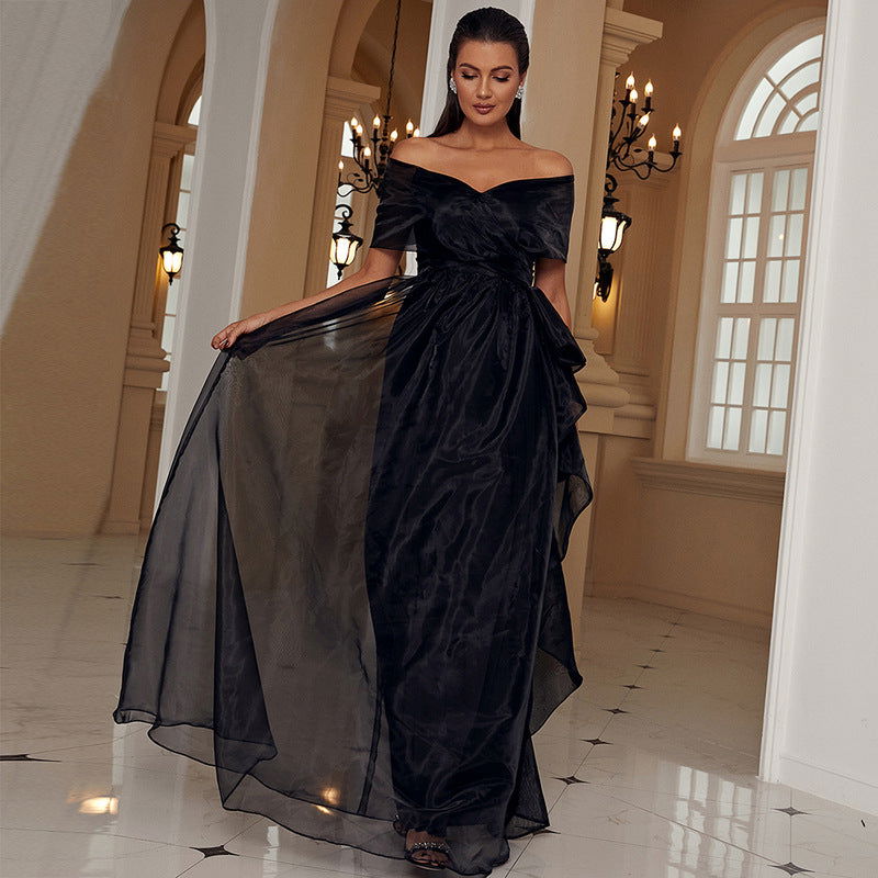 Adult Black off-the-Shoulder Low-Cut Mesh Stitching Princess Elegant High-End Evening Dress for Organza