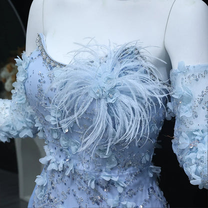 3D Flowers Feathers Mermaid Evening Dress with Sleeves