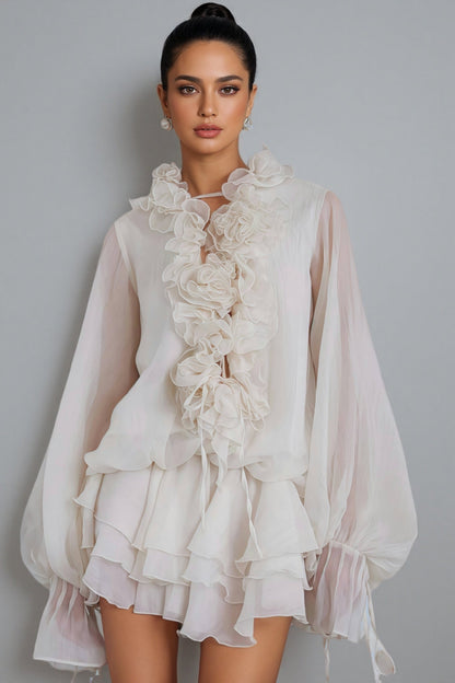 Elsonv 3D Floral Lantern Sleeve Mini Dress
