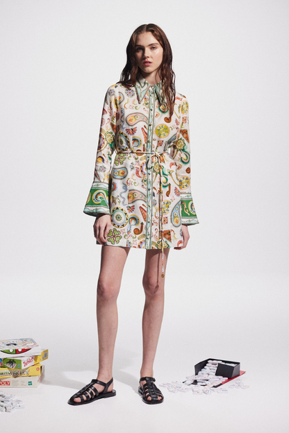 Paisley Print Long Sleeve Drawstring Waist Border Trim Shirt Mini Dress
