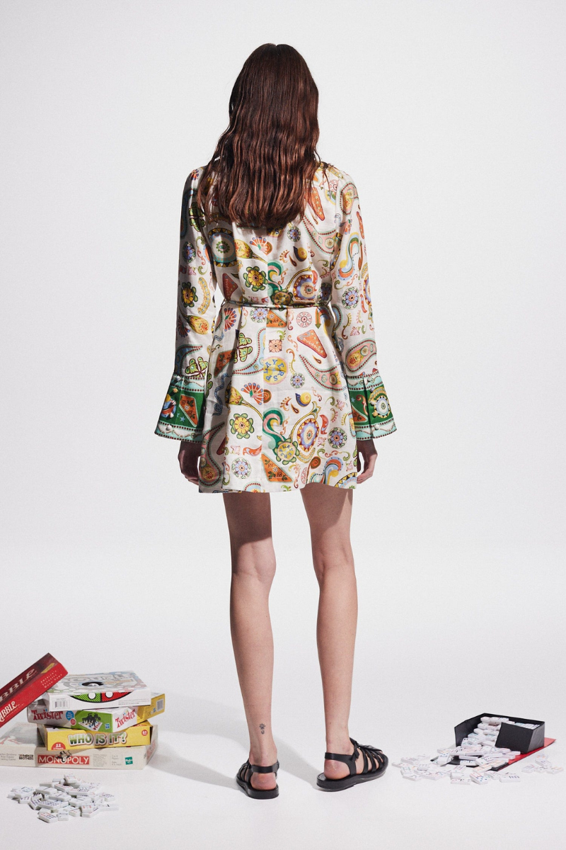 Paisley Print Long Sleeve Drawstring Waist Border Trim Shirt Mini Dress