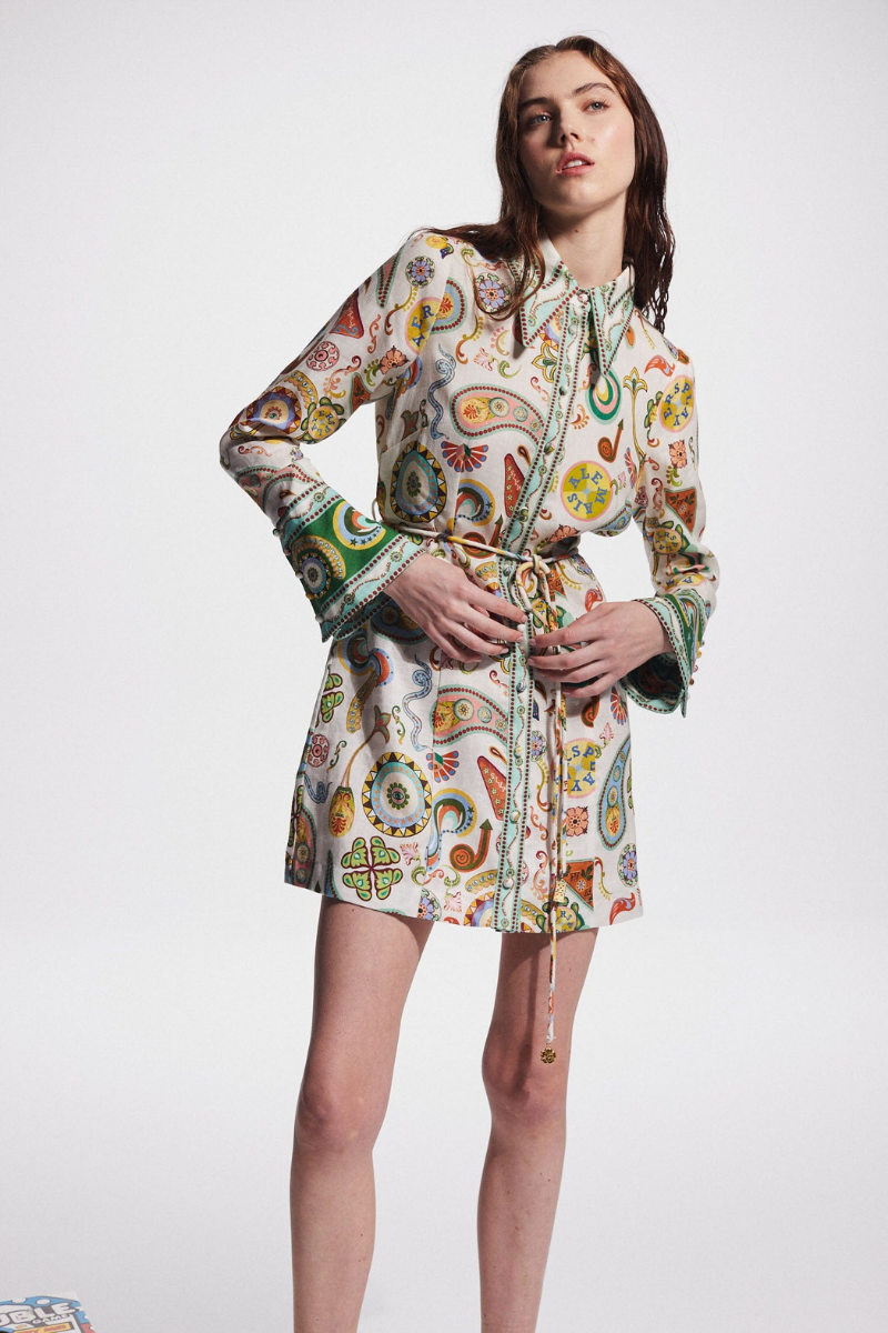 Paisley Print Long Sleeve Drawstring Waist Border Trim Shirt Mini Dress