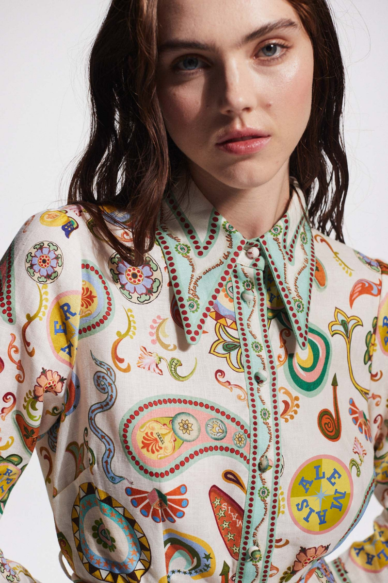 Paisley Print Long Sleeve Drawstring Waist Border Trim Shirt Mini Dress