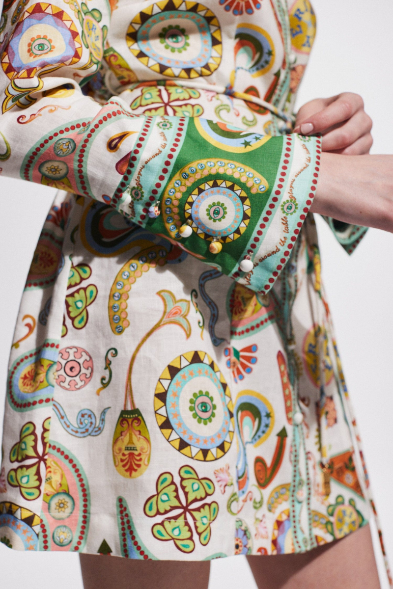 Paisley Print Long Sleeve Drawstring Waist Border Trim Shirt Mini Dress