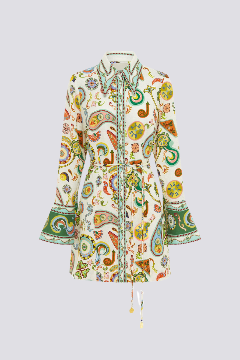 Paisley Print Long Sleeve Drawstring Waist Border Trim Shirt Mini Dress