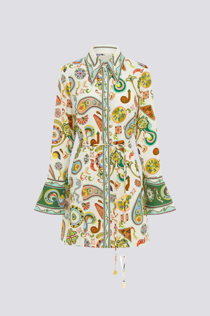Paisley Print Long Sleeve Drawstring Waist Border Trim Shirt Mini Dress