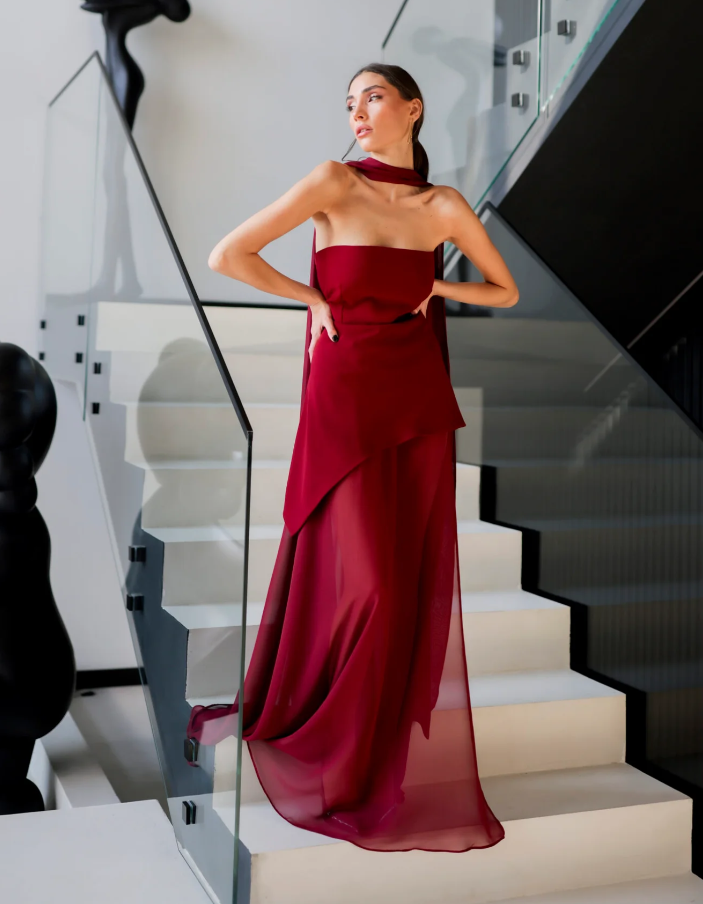 | Asymmetric Overlay Chiffon Maxi Dress