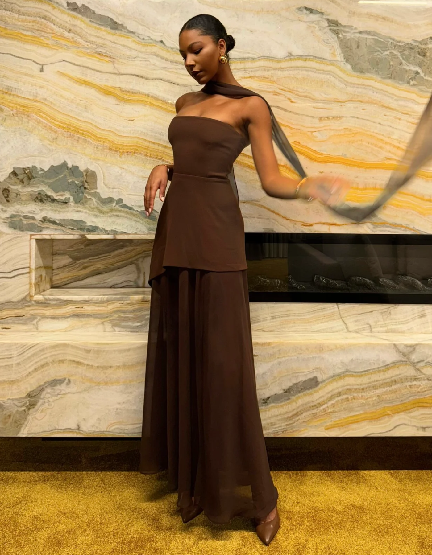 | Asymmetric Overlay Chiffon Maxi Dress