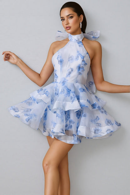 Dabney Backless Flower Printed Bow Mini Dress