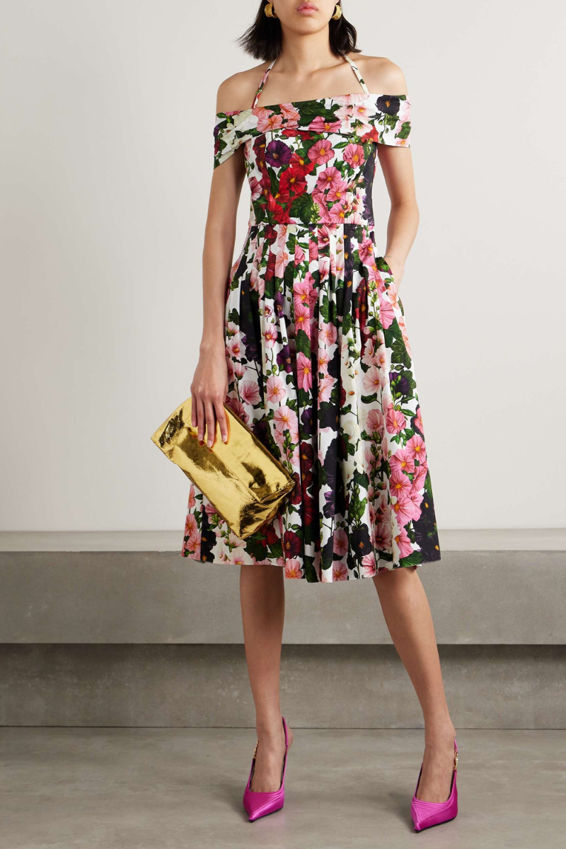 Off-the-Shoulder Halter Floral Print Pleated Midi Dress