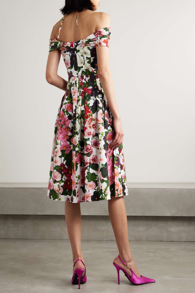 Off-Shoulder Halter Tie Floral Print Box-Pleat Fit-and-Flare Midi Dress